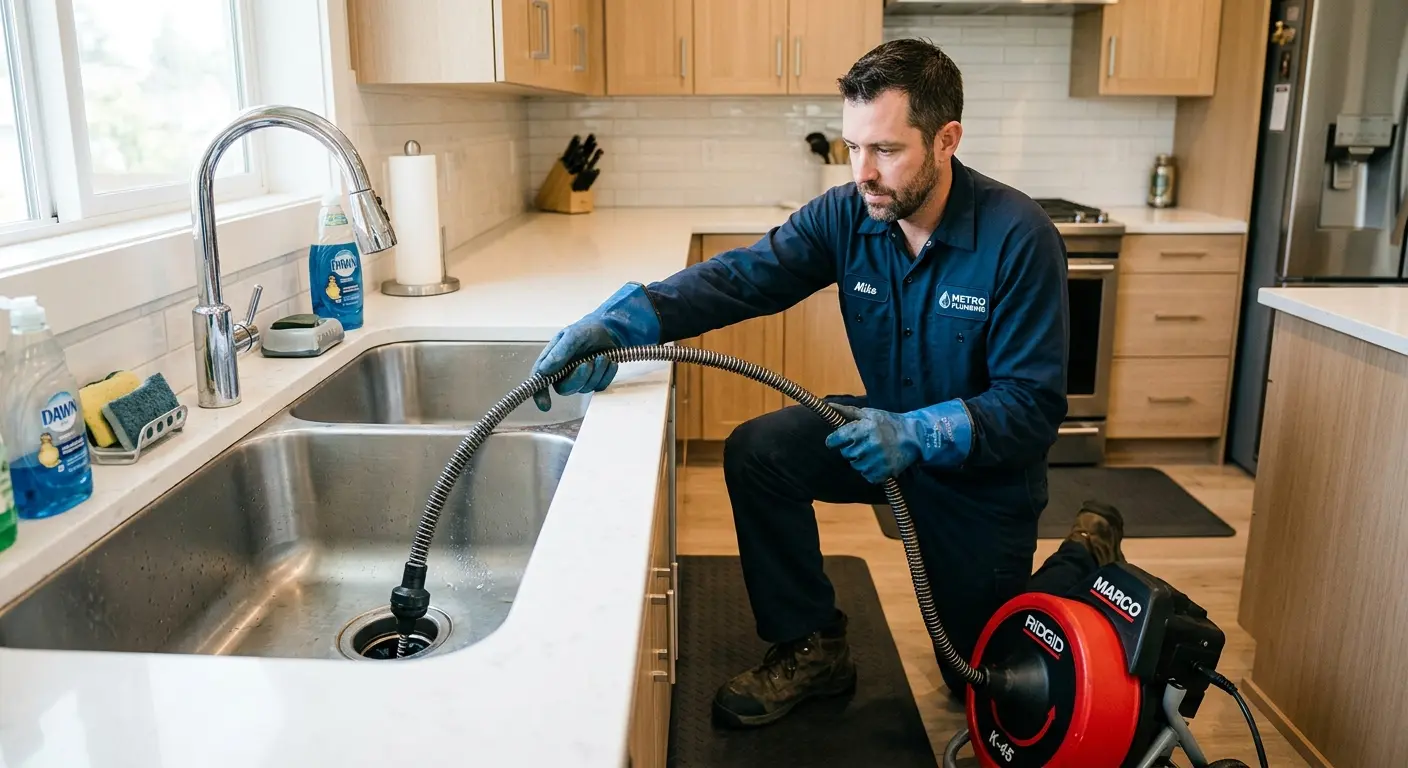 Drain cleaning technician using a motorized snake on a kitchen sink in Parkland