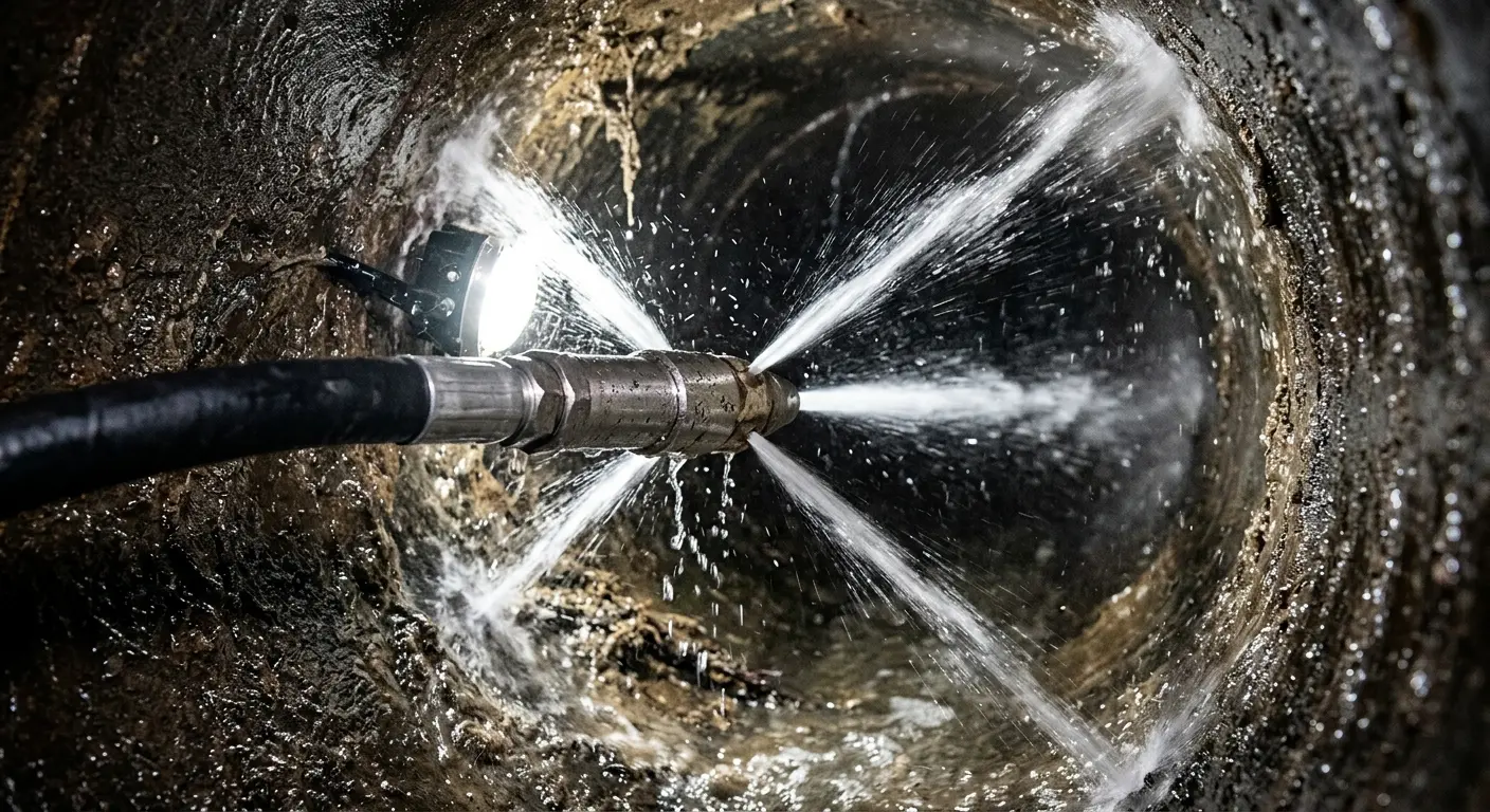 High-pressure hydro jetting nozzle cleaning sewer pipe for Sewer Line Relining in Parkland