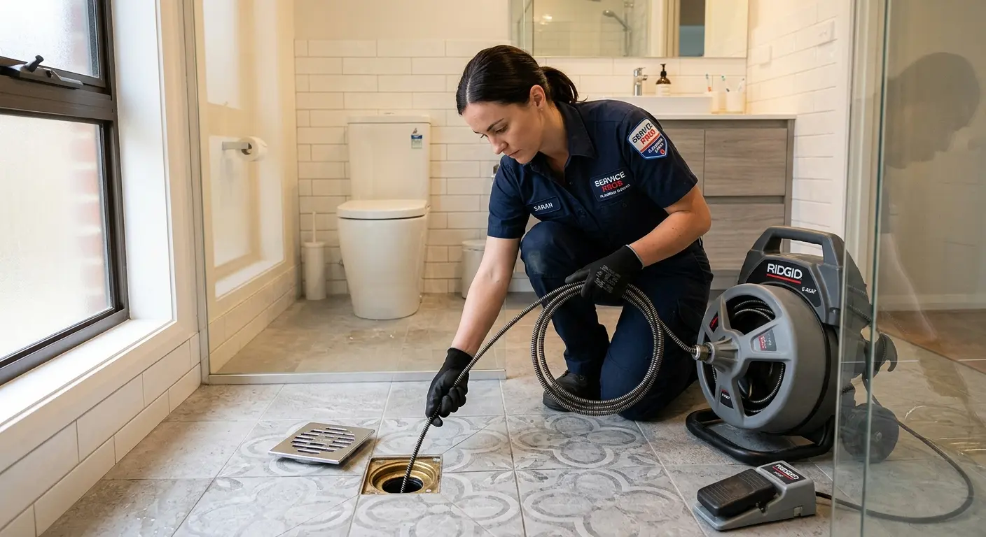 Technician clearing a bathroom floor drain for Sewer Line Replacement in Parkland